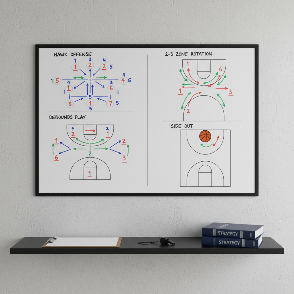 A neatly organized basketball coach’s whiteboard mounted on a smooth, neutral-toned wall, covered with clean, precise marker diagrams of offensive sets, defensive rotations, and inbounds plays. Different colored markers distinguish player roles and movement arrows, with a magnetic orange basketball marker at the top of a key diagram. Below the board, a minimalist metal shelf holds a closed clipboard, a whistle, and a neatly stacked set of playbooks. Cool, diffused office-style lighting eliminates harsh shadows, emphasizing clarity and structure. Captured at eye level with a slight angle to show depth, the composition follows the rule of thirds, creating a calm, analytical mood. The style is photographic, clean, and modern, evoking a professional coaching strategy session.